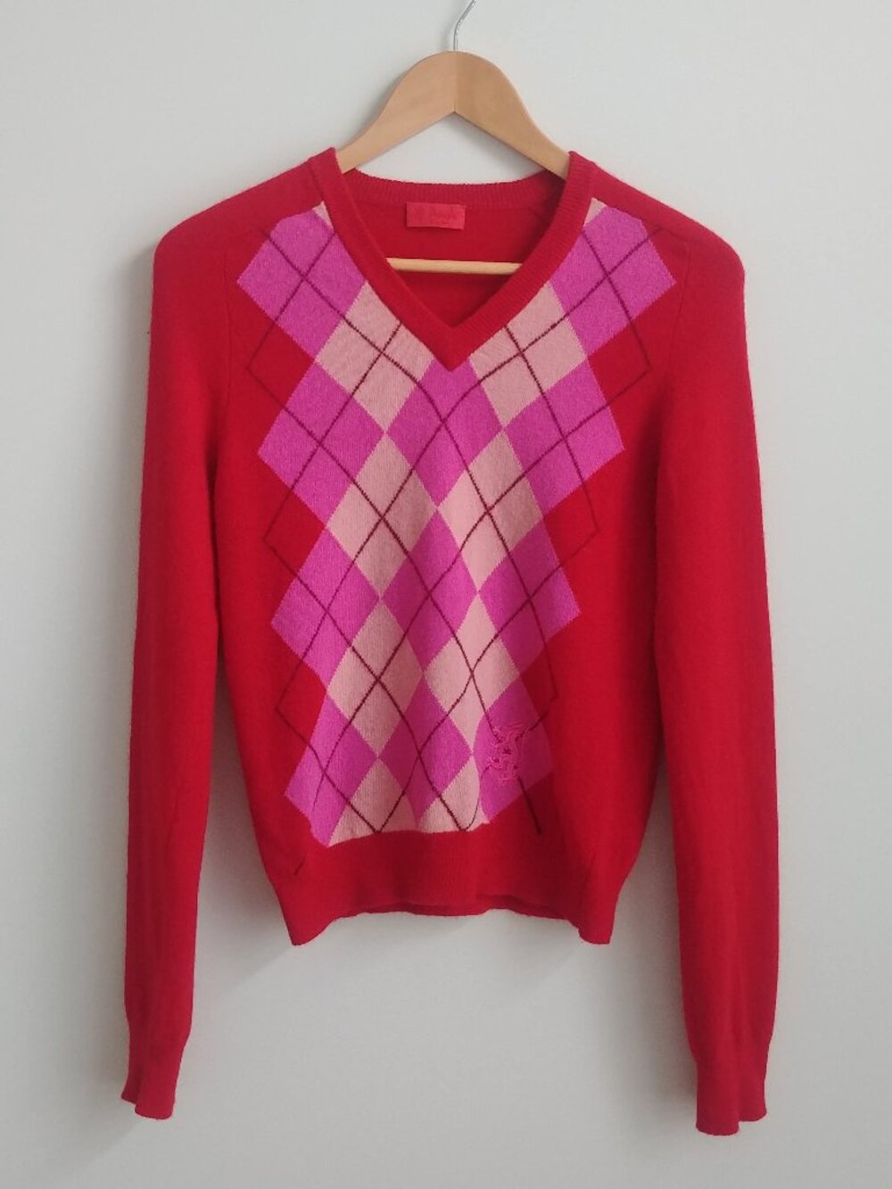 Pringle of Scotland Women's Medium 100% lambs wool red pink argle sweater top